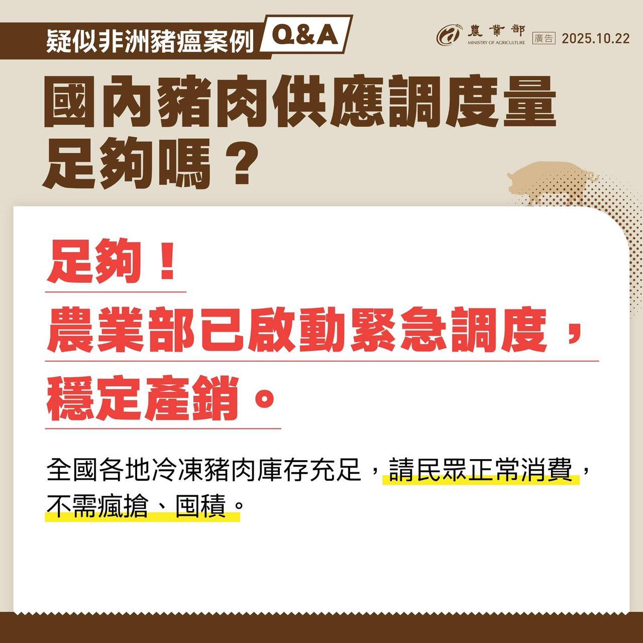 國內豬肉供應足夠，不須瘋搶囤積