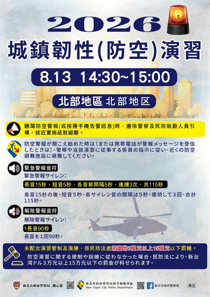 【轉知】新北市政府警察局2026城鎮韌性(防空)演習管制各語言宣導照片