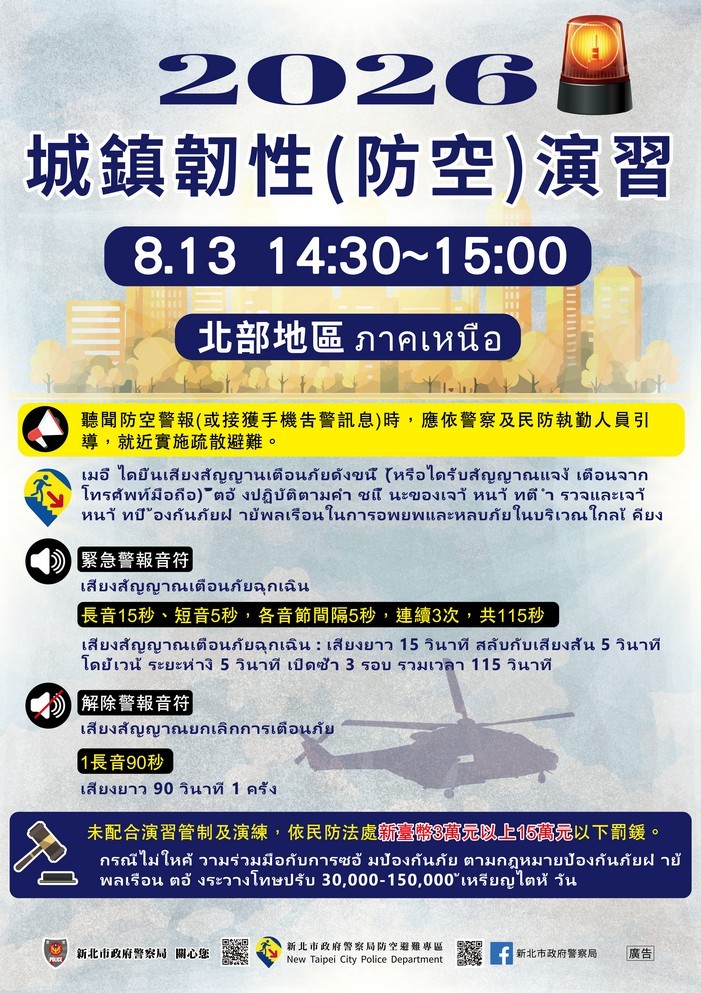 【轉知】新北市政府警察局2026城鎮韌性(防空)演習管制各語言宣導照片
